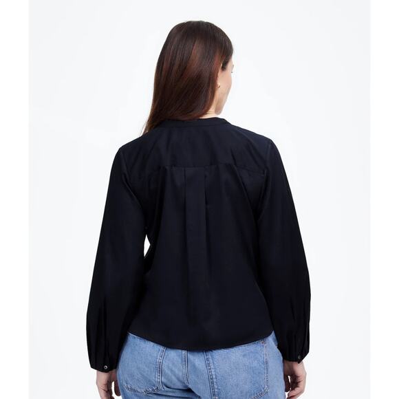 Madewell V-Neck Long-Sleeve Top SZ M Deep Indigo Pleated Sleeve Stretch Pullover - Picture 2 of 7